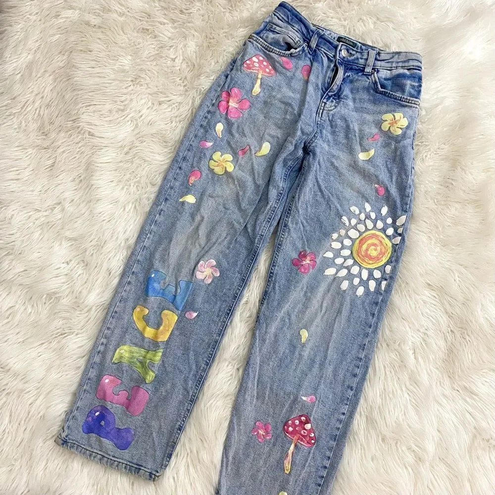 High Rise Dad Jeans Painted Denim Jeans 🍄 🌸